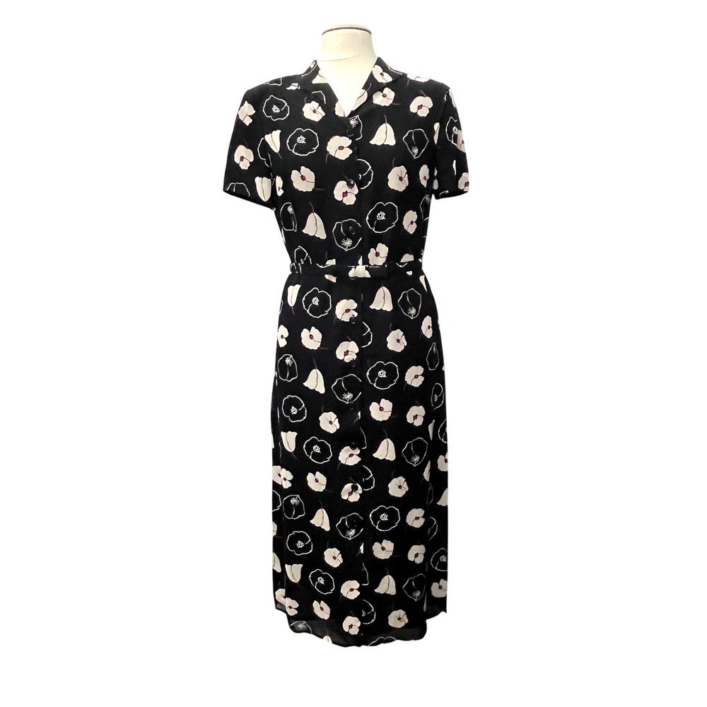 Talbots 90s Petite Black Floral Poppy Tailored Full Button Preppy Midi Dress 10P
